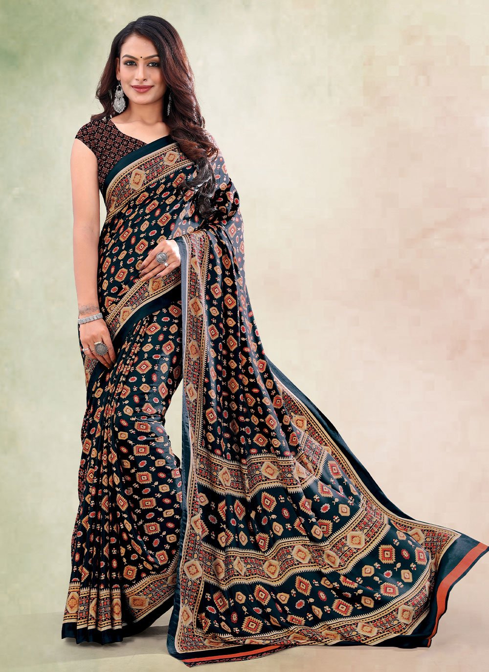 Classic Faux Crepe Black Print Saree