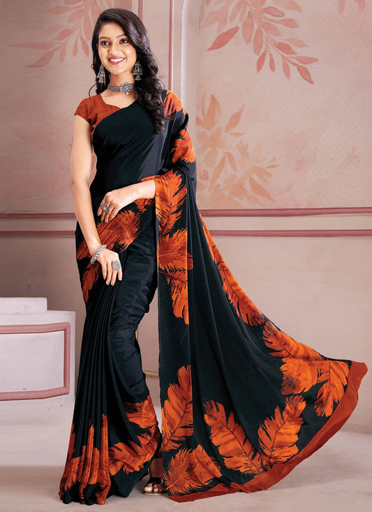 Classic Faux Crepe Black Print Saree