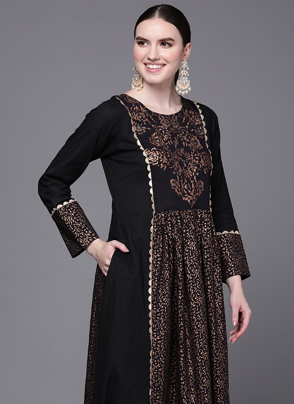 Designer Kurti Cotton Black Print Kurtis