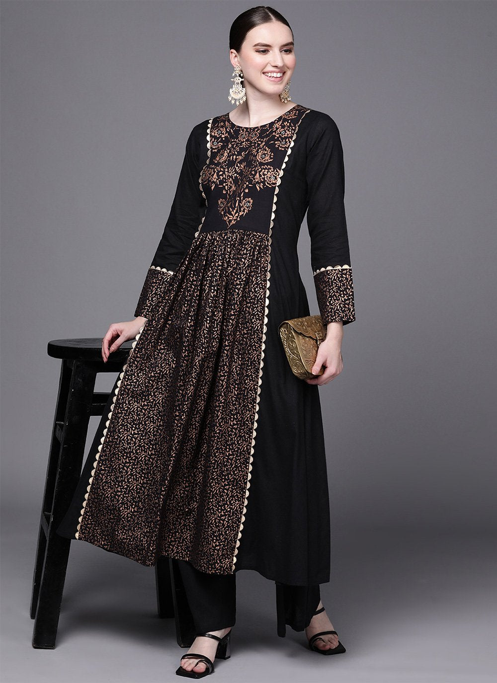 Designer Kurti Cotton Black Print Kurtis