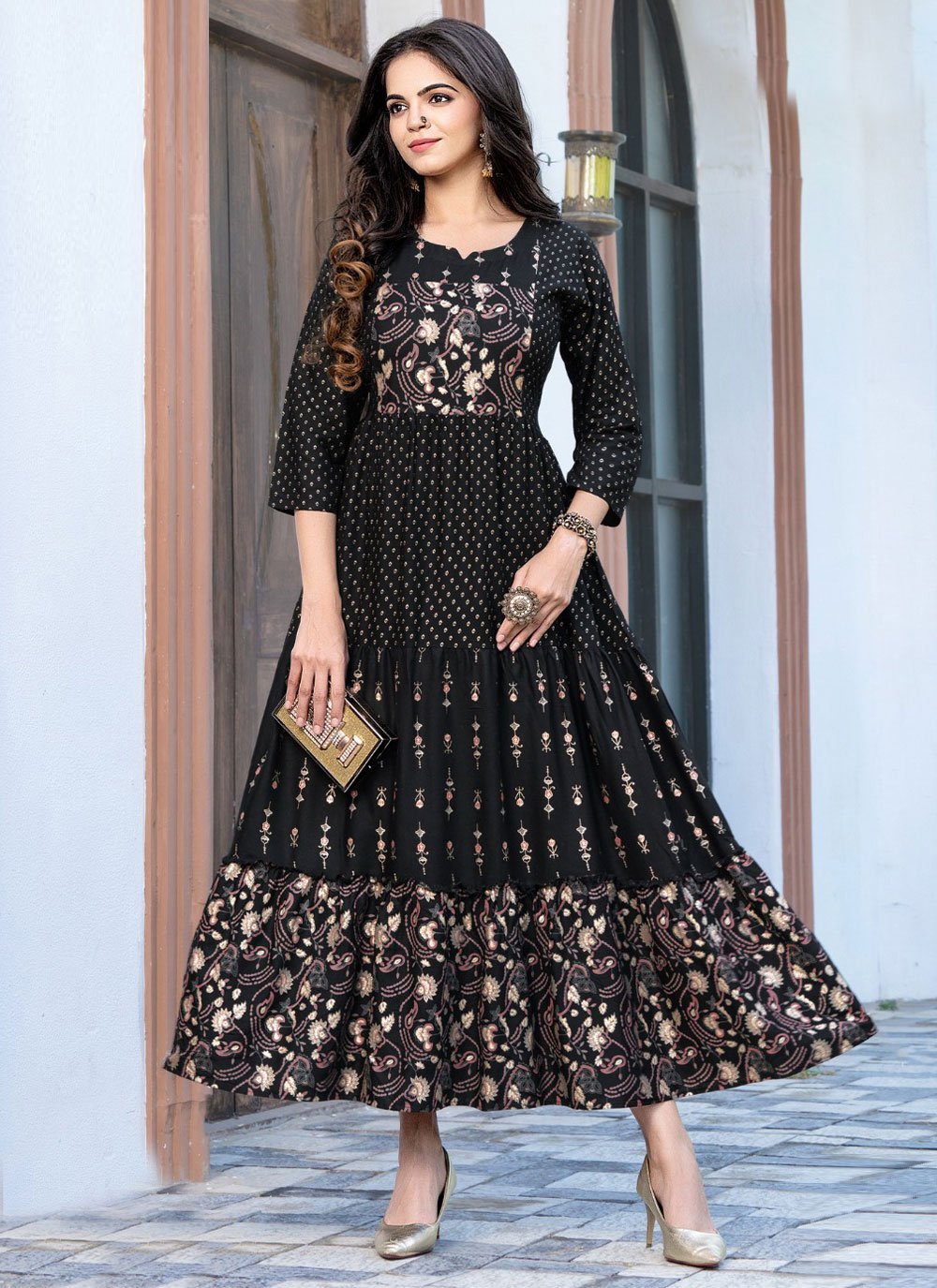 Gown Rayon Black Print Gown