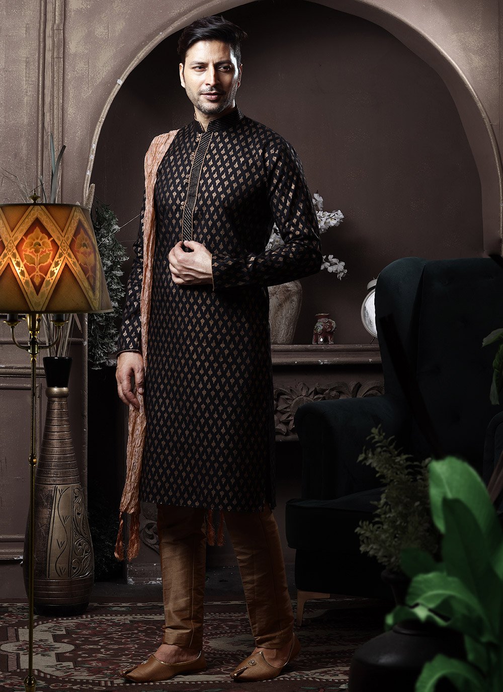 Kurta Pyjama Cotton Black Print Mens