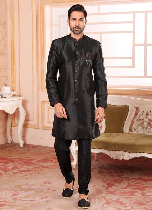 Indo Western Raw Silk Black Embroidered Mens