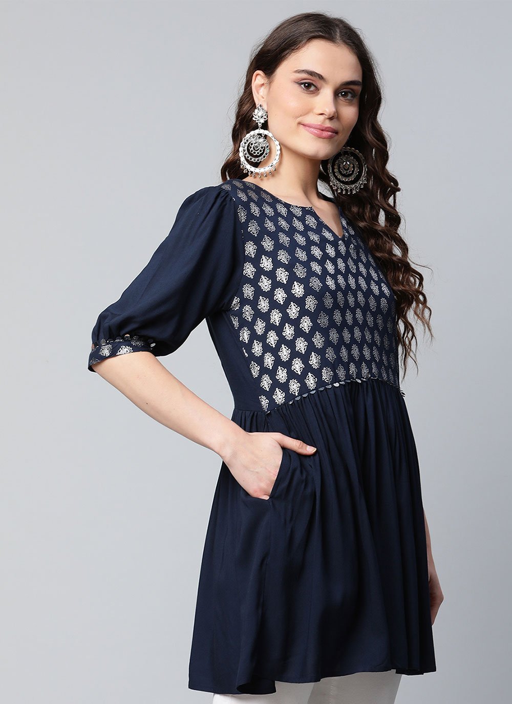 Designer Kurti Rayon Black Foil Print Kurtis