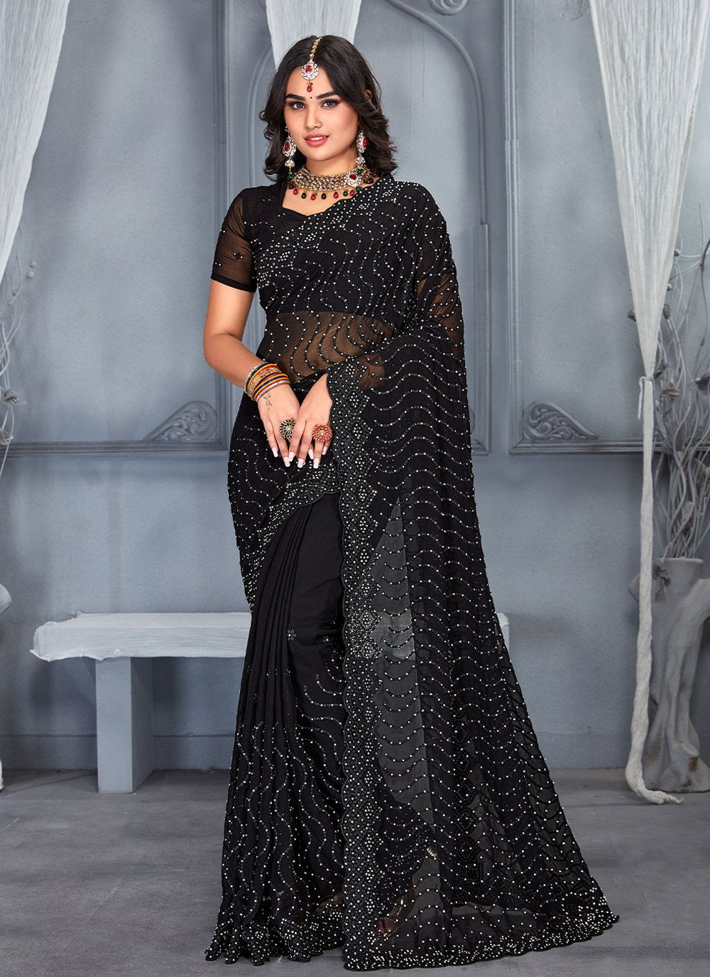 Classic Georgette Black Embroidered Saree