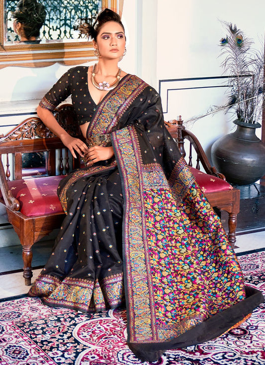 Trendy Saree Satin Silk Black Weaving Saree