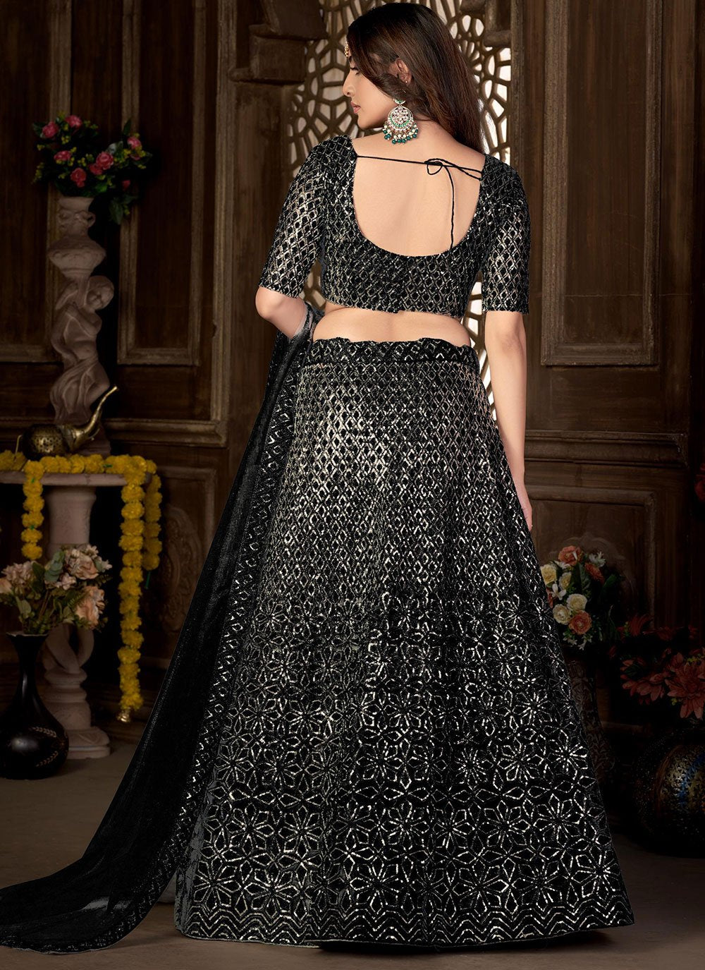 A Line Lehenga Net Black Embroidered Lehenga Choli