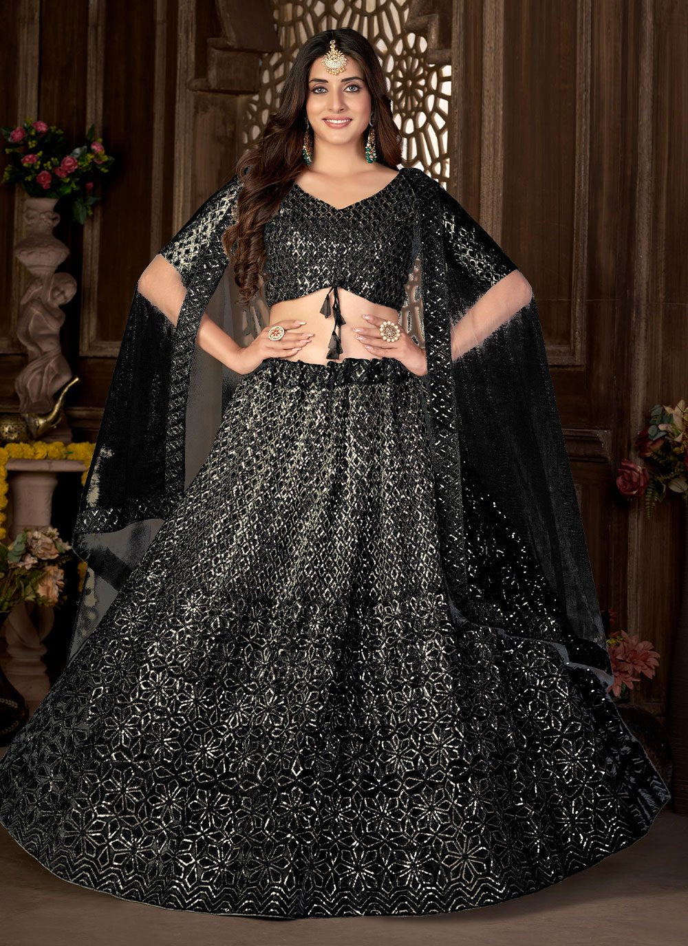 A Line Lehenga Net Black Embroidered Lehenga Choli