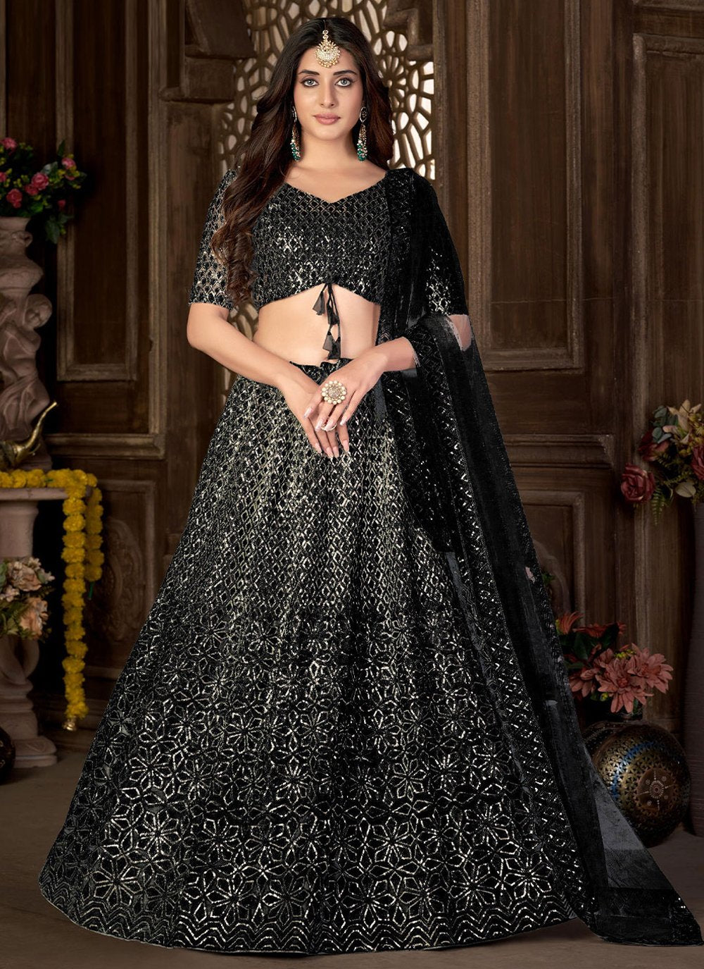 A Line Lehenga Net Black Embroidered Lehenga Choli