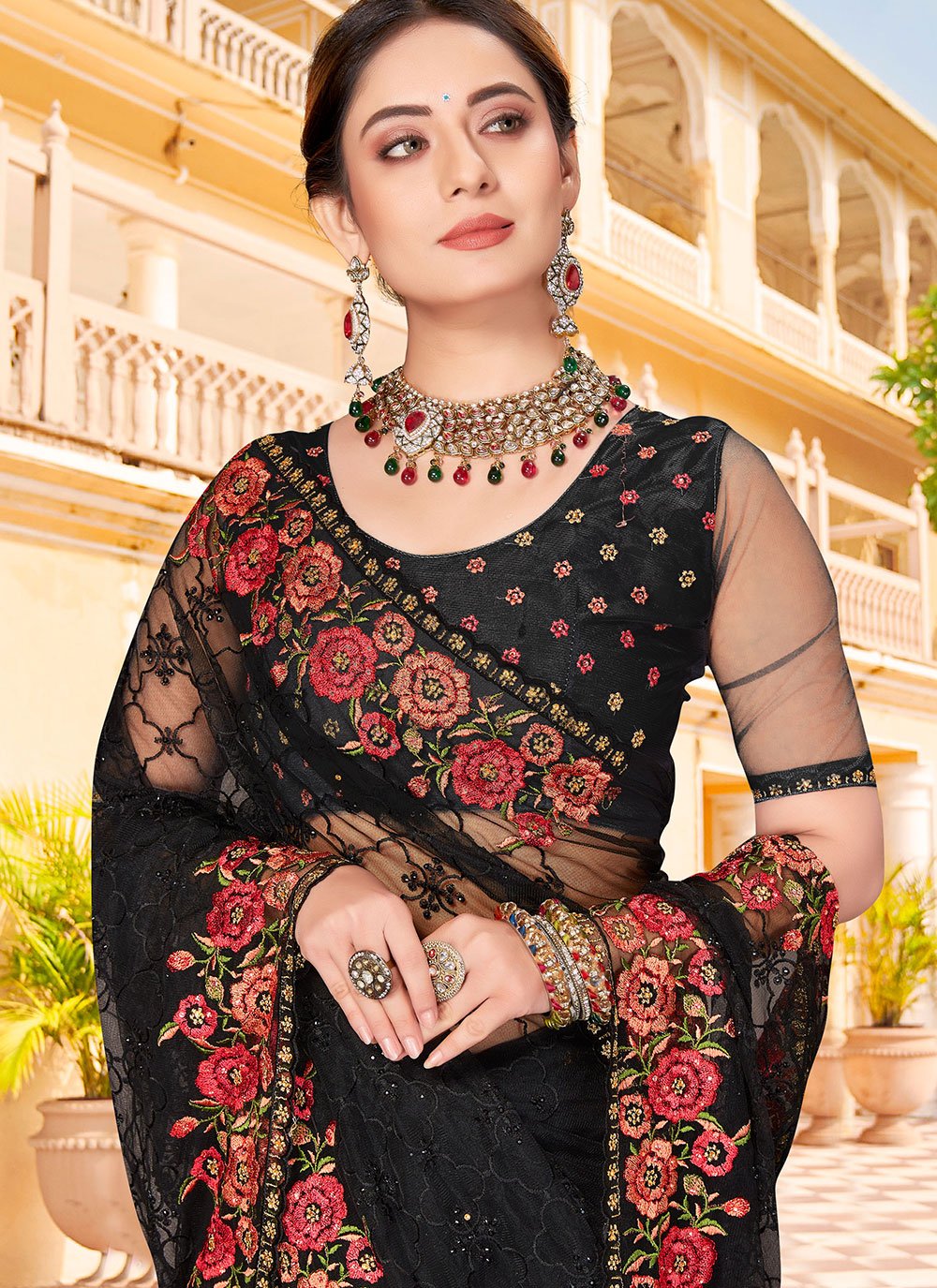 Contemporary Net Black Embroidered Saree