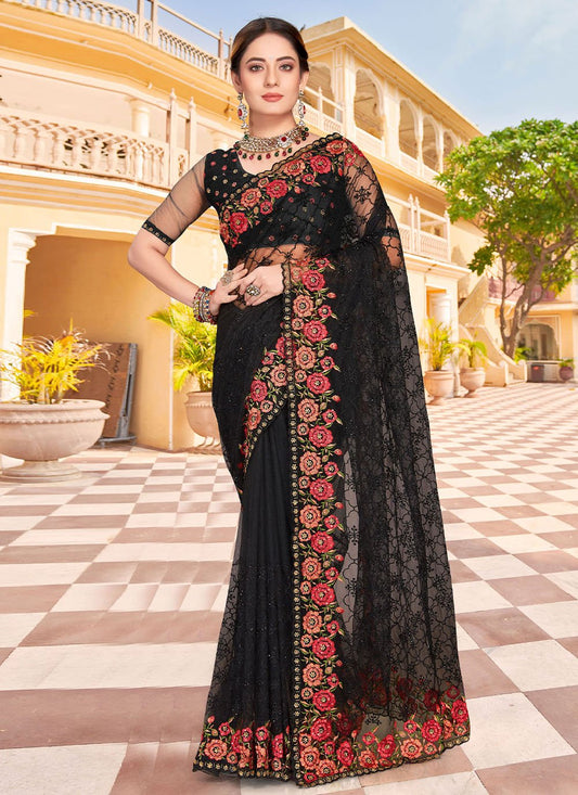 Contemporary Net Black Embroidered Saree