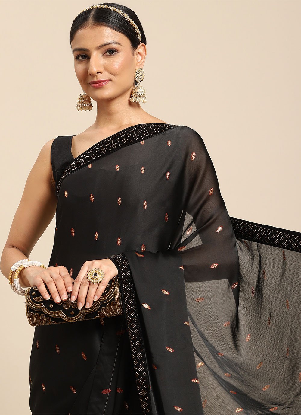 Classic Faux Crepe Black Polka Dotted Saree