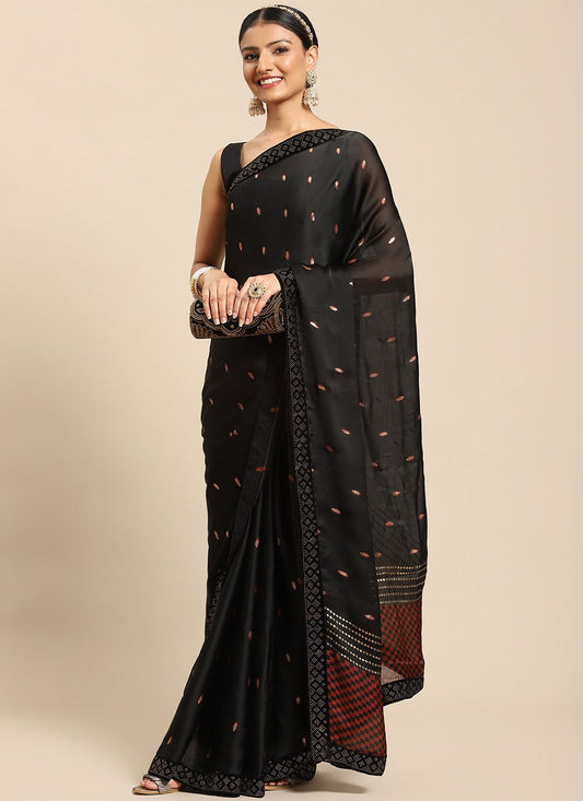 Classic Faux Crepe Black Polka Dotted Saree