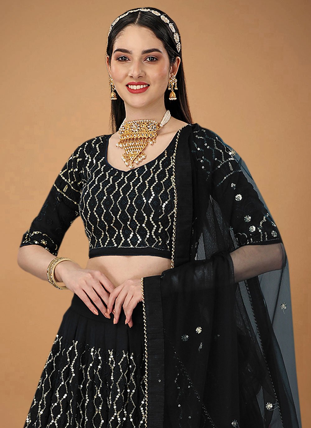 A Line Lehenga Faux Georgette Black Embroidered Lehenga Choli