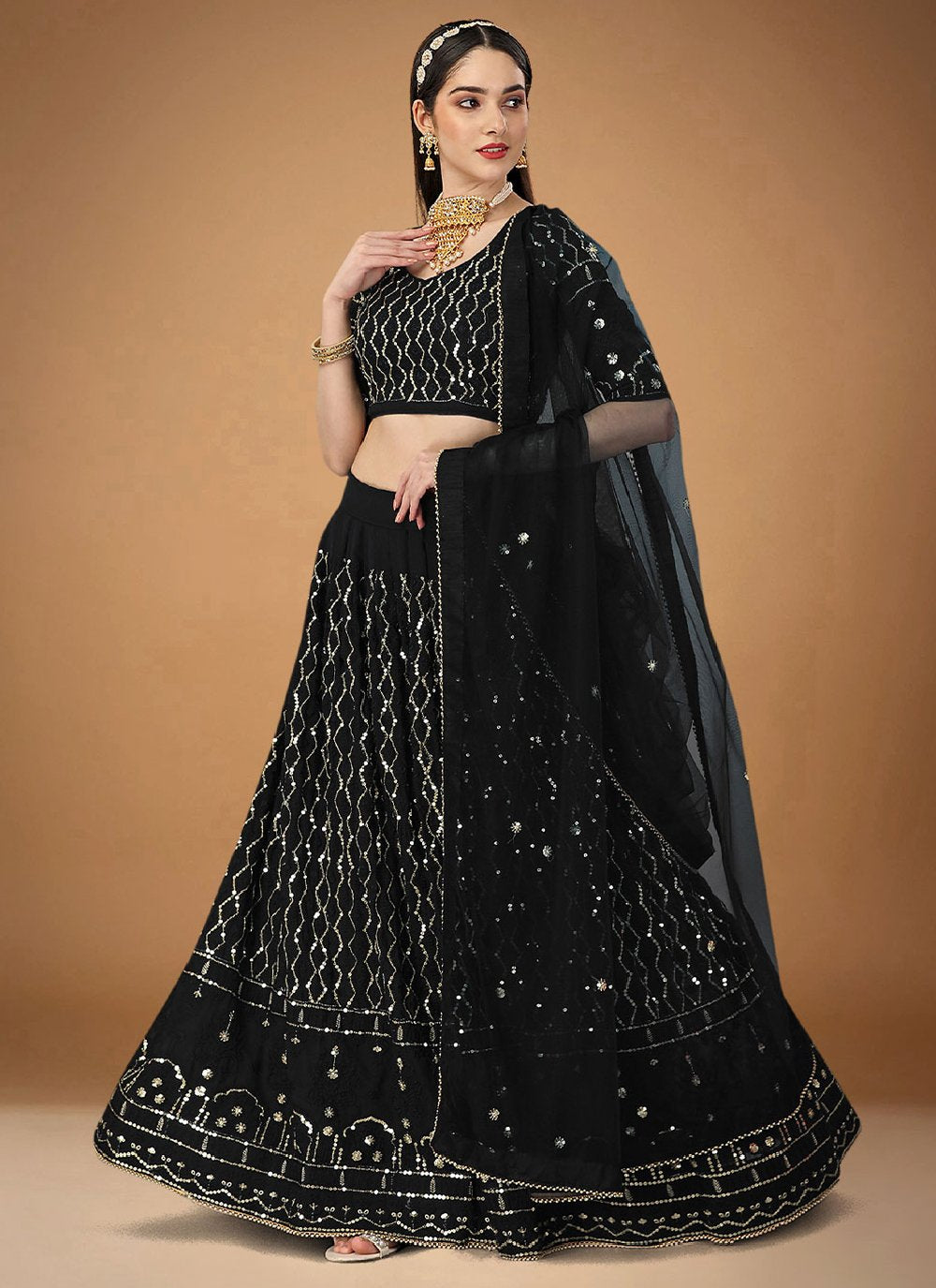 A Line Lehenga Faux Georgette Black Embroidered Lehenga Choli