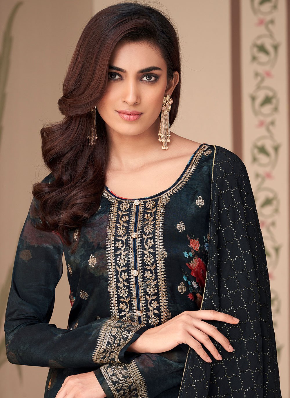 Salwar Suit Jacquard Silk Black Digital Print Salwar Kameez