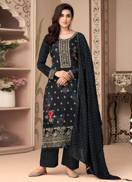 Salwar Suit Jacquard Silk Black Digital Print Salwar Kameez