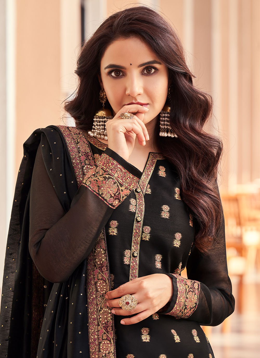 Pakistani Salwar Suit Jacquard Black Embroidered Salwar Kameez