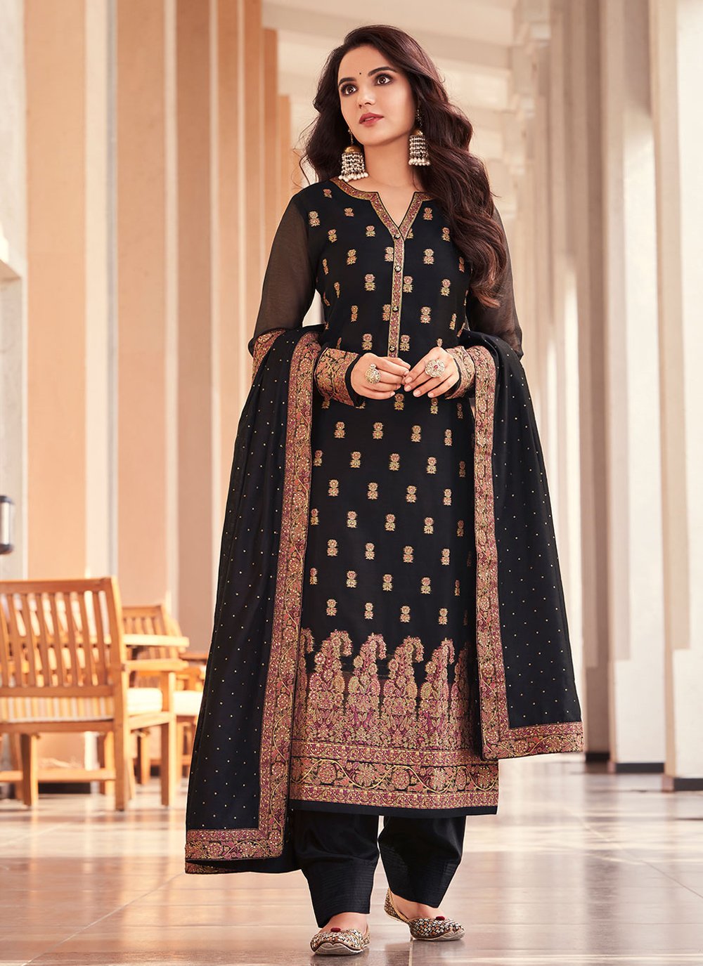 Pakistani Salwar Suit Jacquard Black Embroidered Salwar Kameez