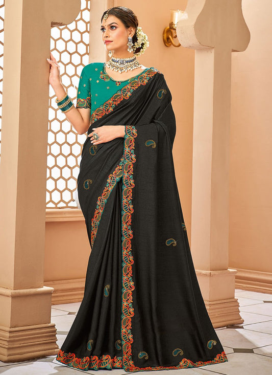 Classic Raw Silk Black Embroidered Saree