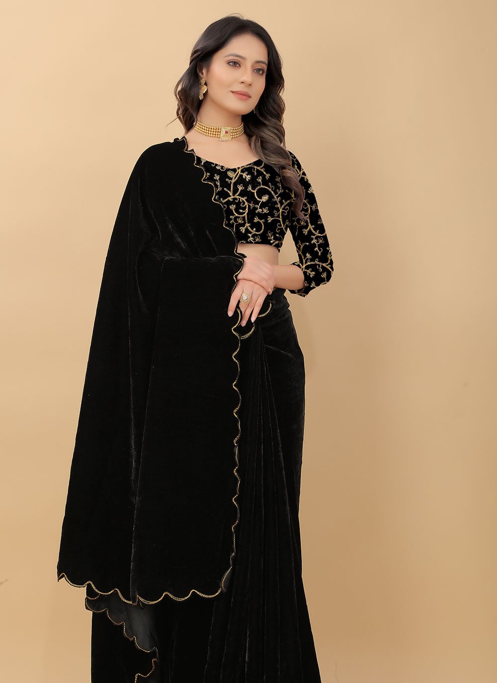 Classic Velvet Black Embroidered Saree