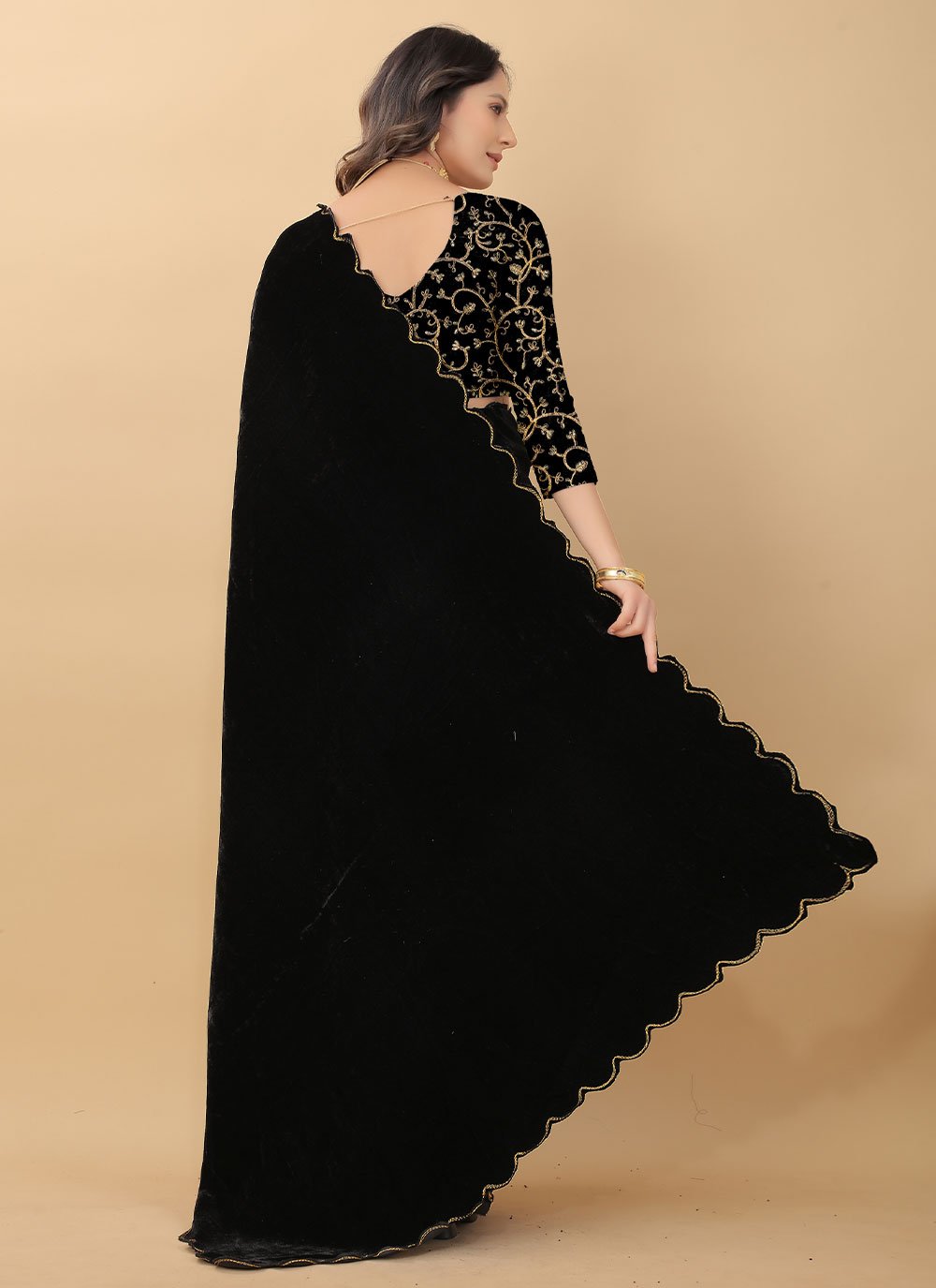 Classic Velvet Black Embroidered Saree