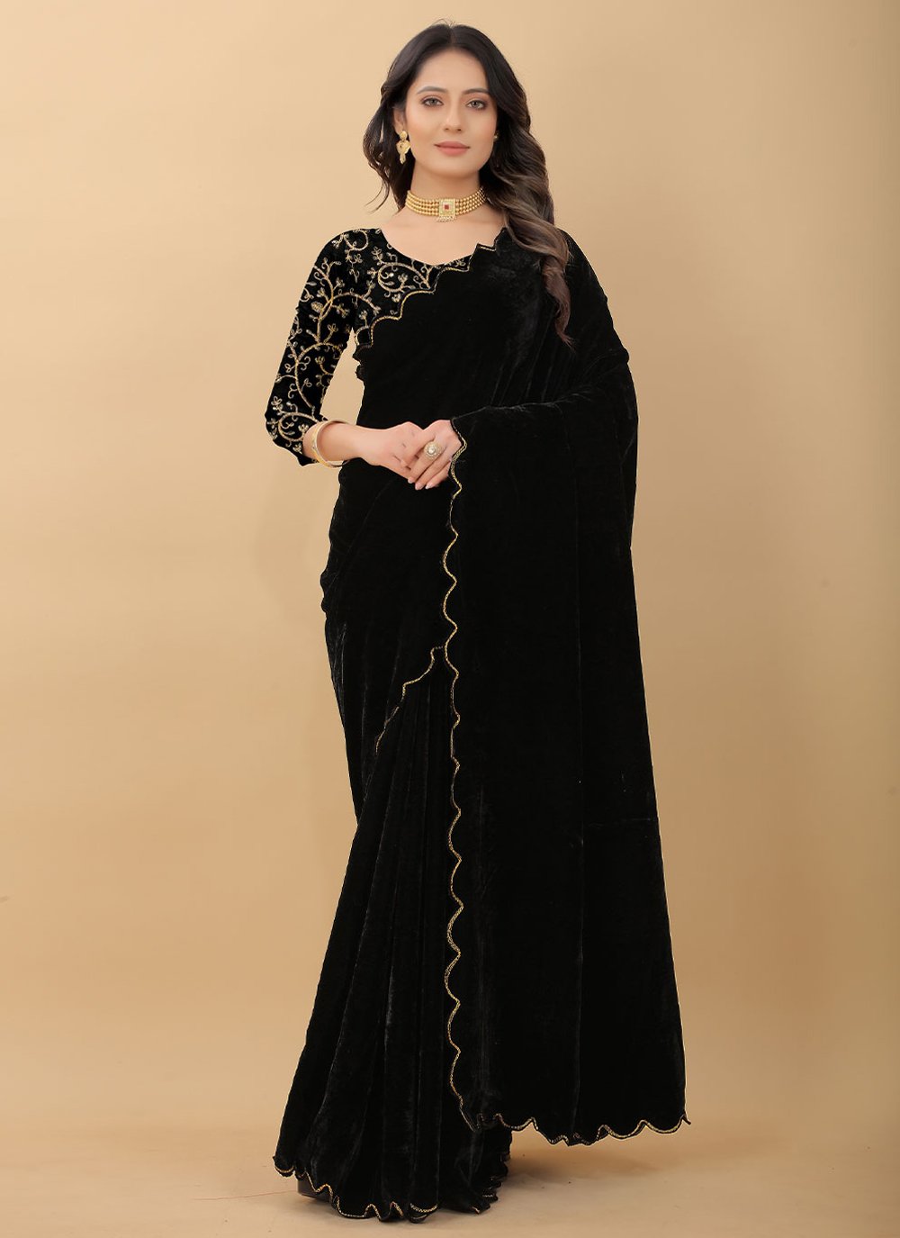 Classic Velvet Black Embroidered Saree