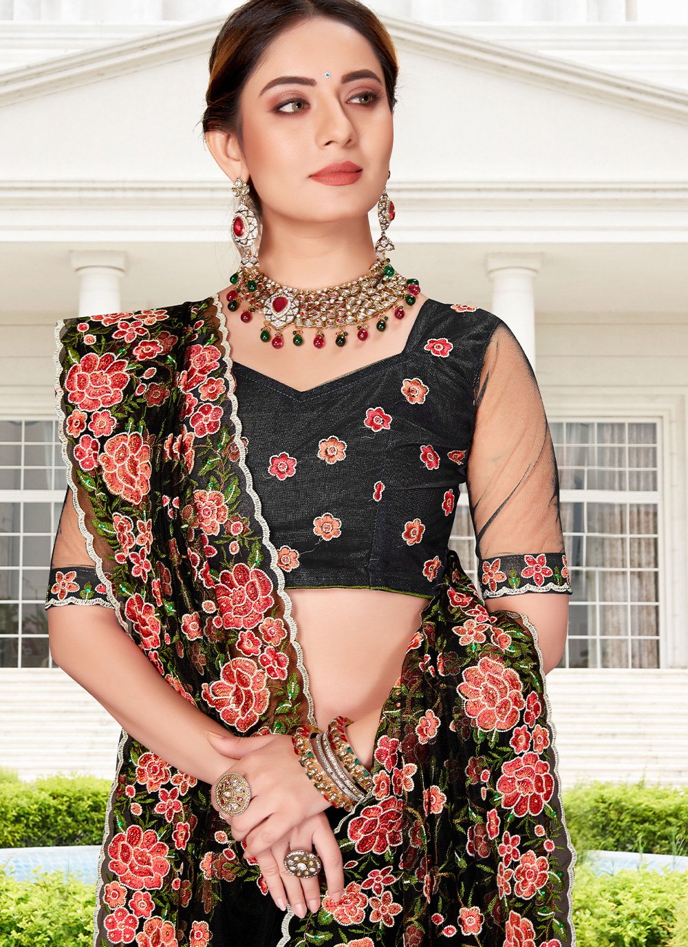 Classic Net Black Embroidered Saree