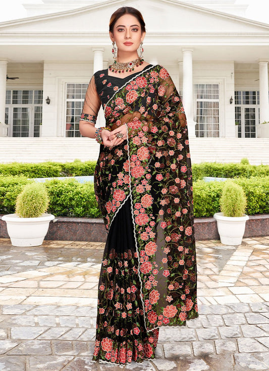 Classic Net Black Embroidered Saree