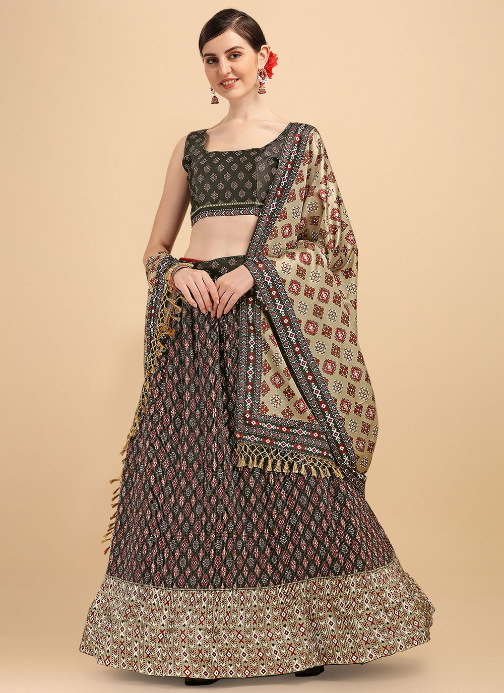 A Line Lehenga Satin Black Digital Print Lehenga Choli