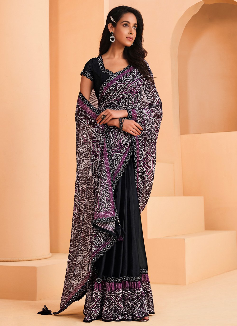 Classic Crepe Silk Satin Black Embroidered Saree