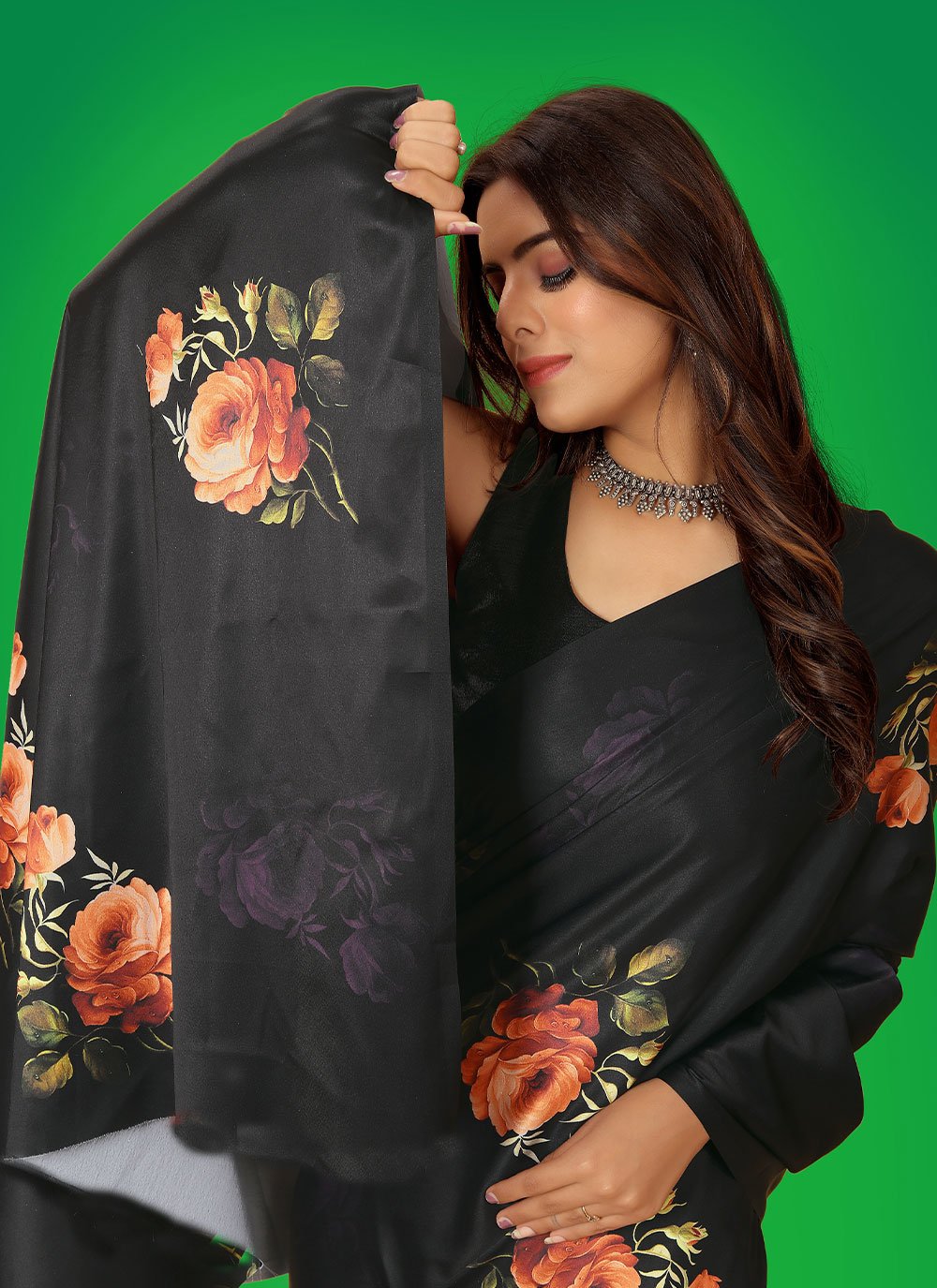 Classic Satin Black Digital Print Saree