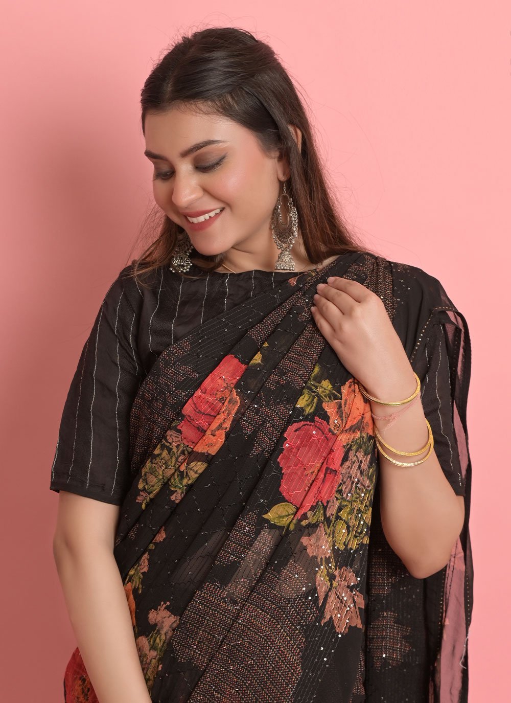 Designer Georgette Black Floral Patch Saree