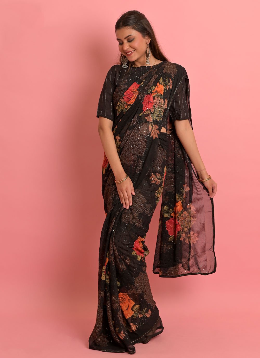 Designer Georgette Black Floral Patch Saree