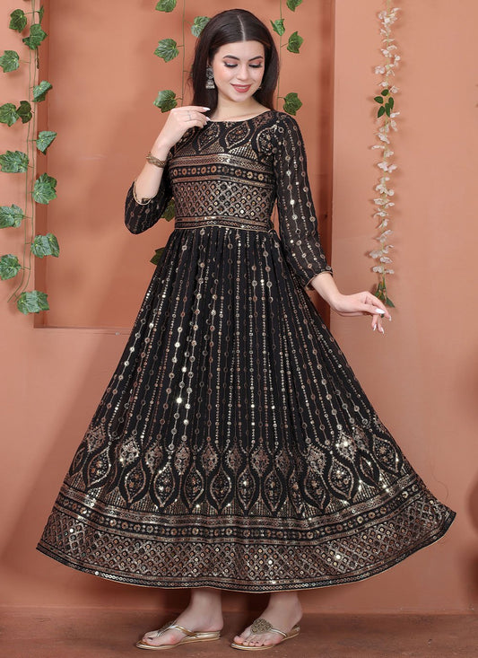 Gown Faux Georgette Black Sequins Gown