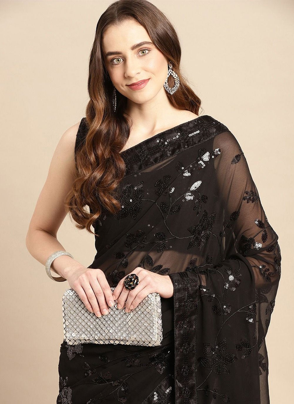 Contemporary Art Silk Black Embroidered Saree