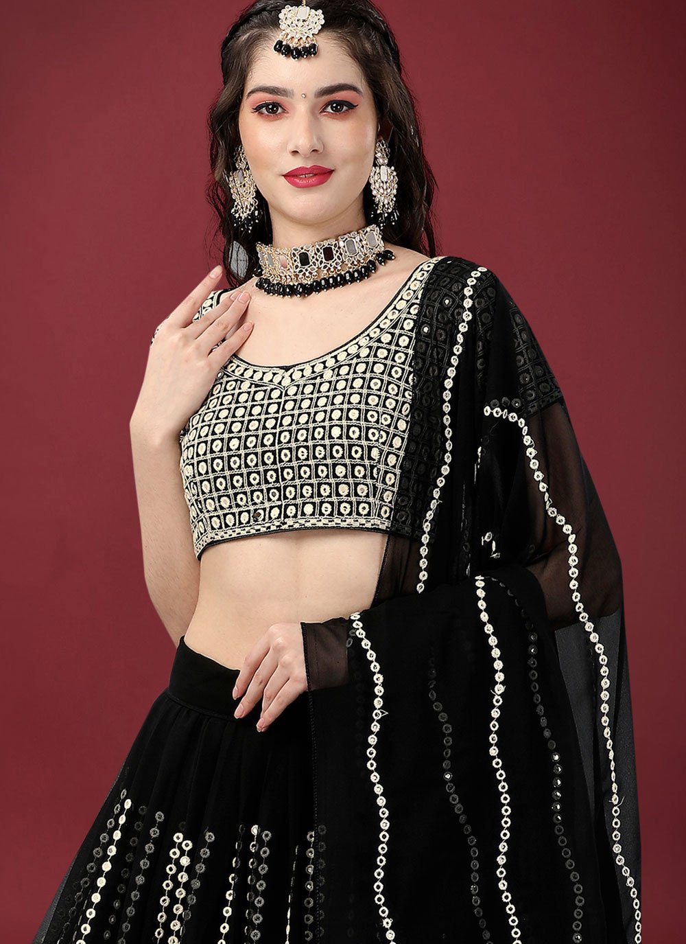 A Line Lehenga Faux Georgette Black Embroidered Lehenga Choli