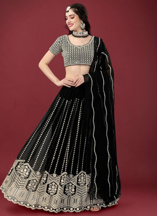 A Line Lehenga Faux Georgette Black Embroidered Lehenga Choli