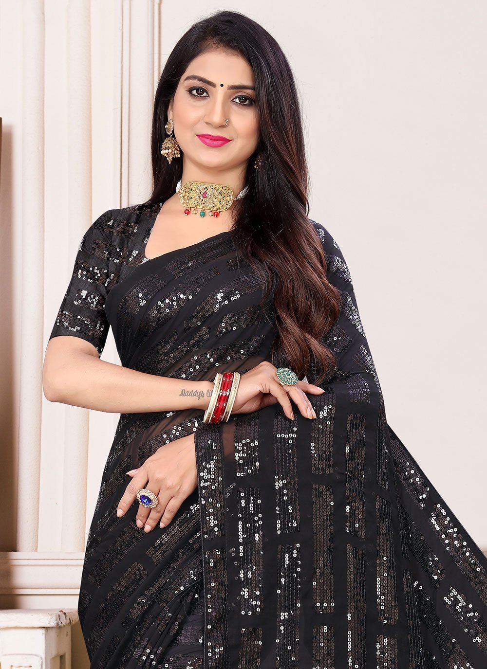 Classic Georgette Black Sequins Saree