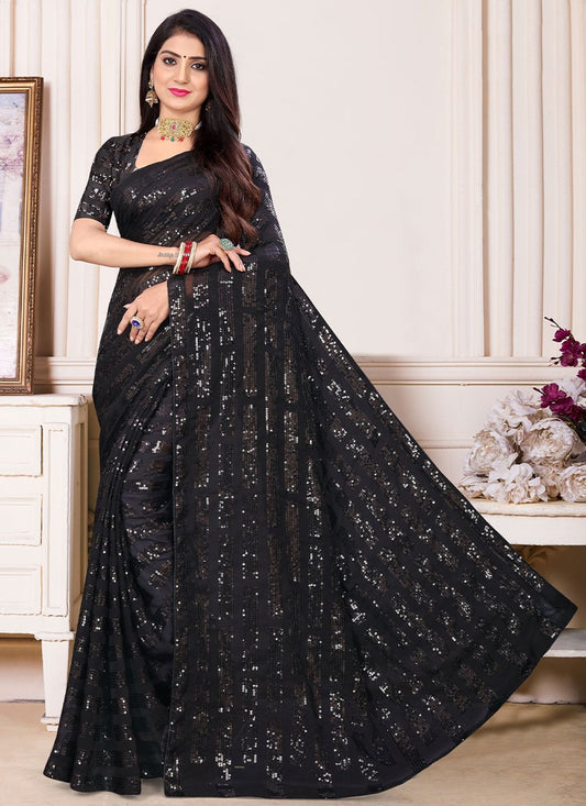 Classic Georgette Black Sequins Saree