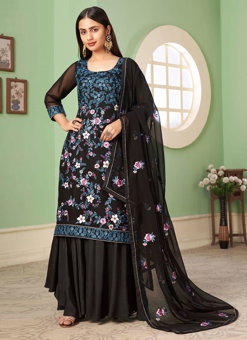 Palazzo Salwar Suit Georgette Black Embroidered Salwar Kameez