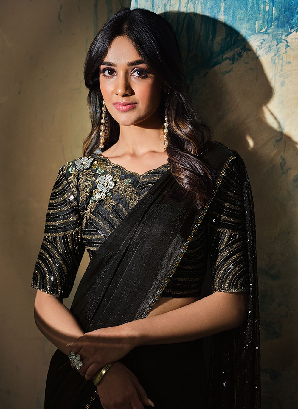 Designer Satin Silk Black Sequins Saree