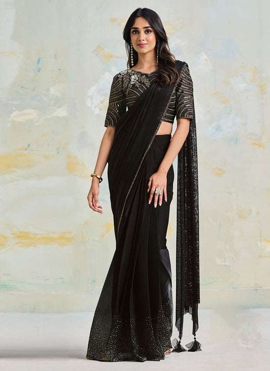 Designer Satin Silk Black Sequins Saree