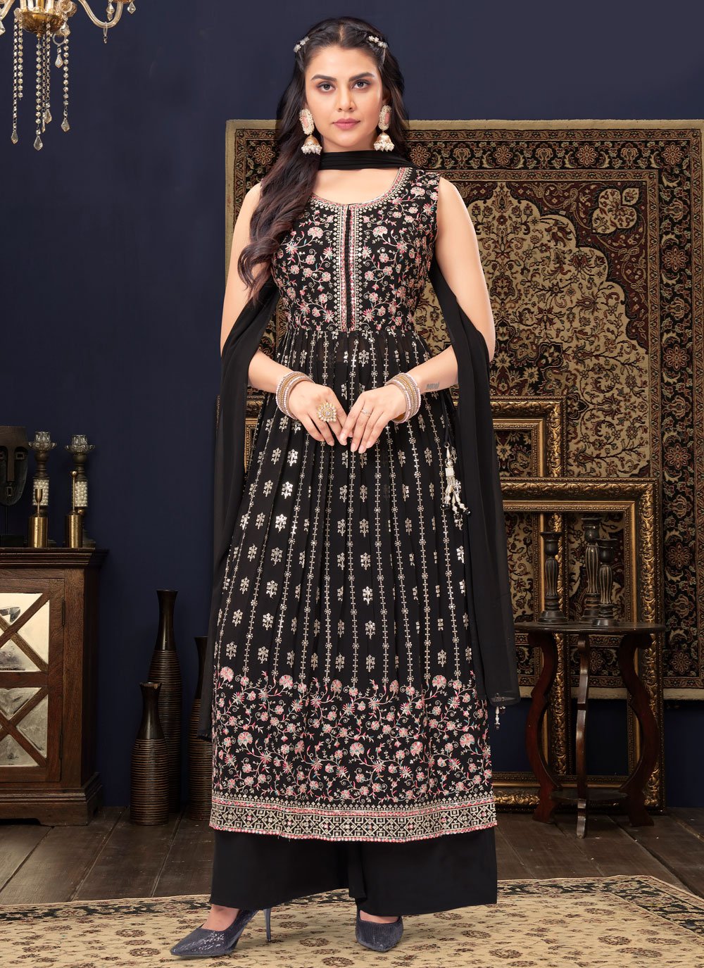 Salwar Suit Georgette Black Embroidered Salwar Kameez