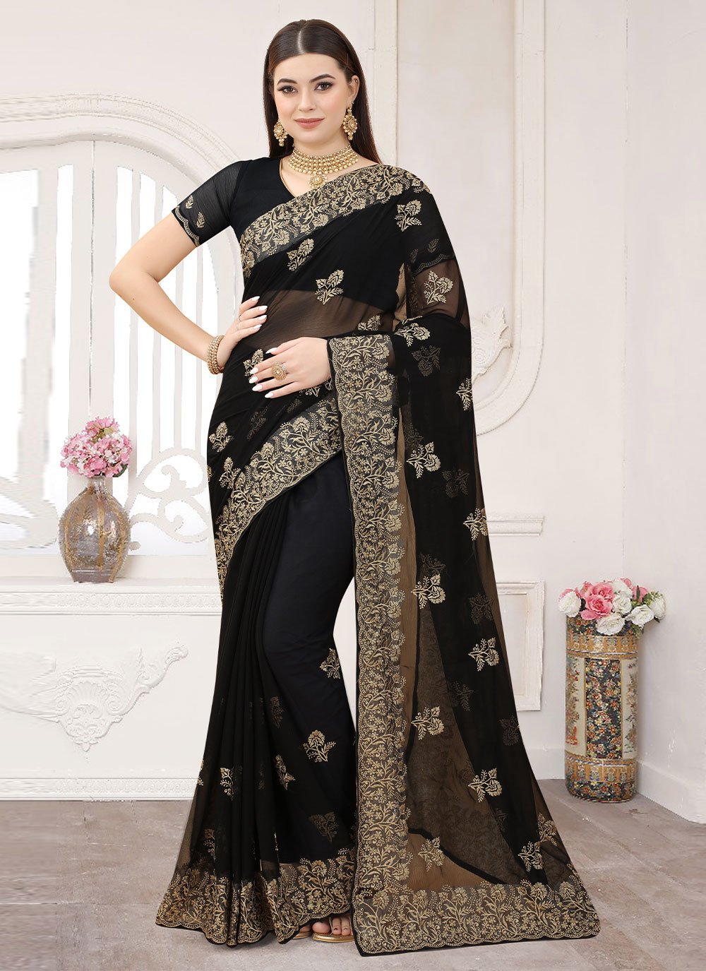 Contemporary Silk Black Embroidered Saree