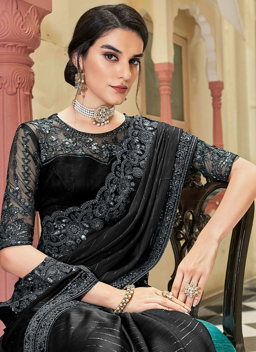 Designer Silk Black Embroidered Saree