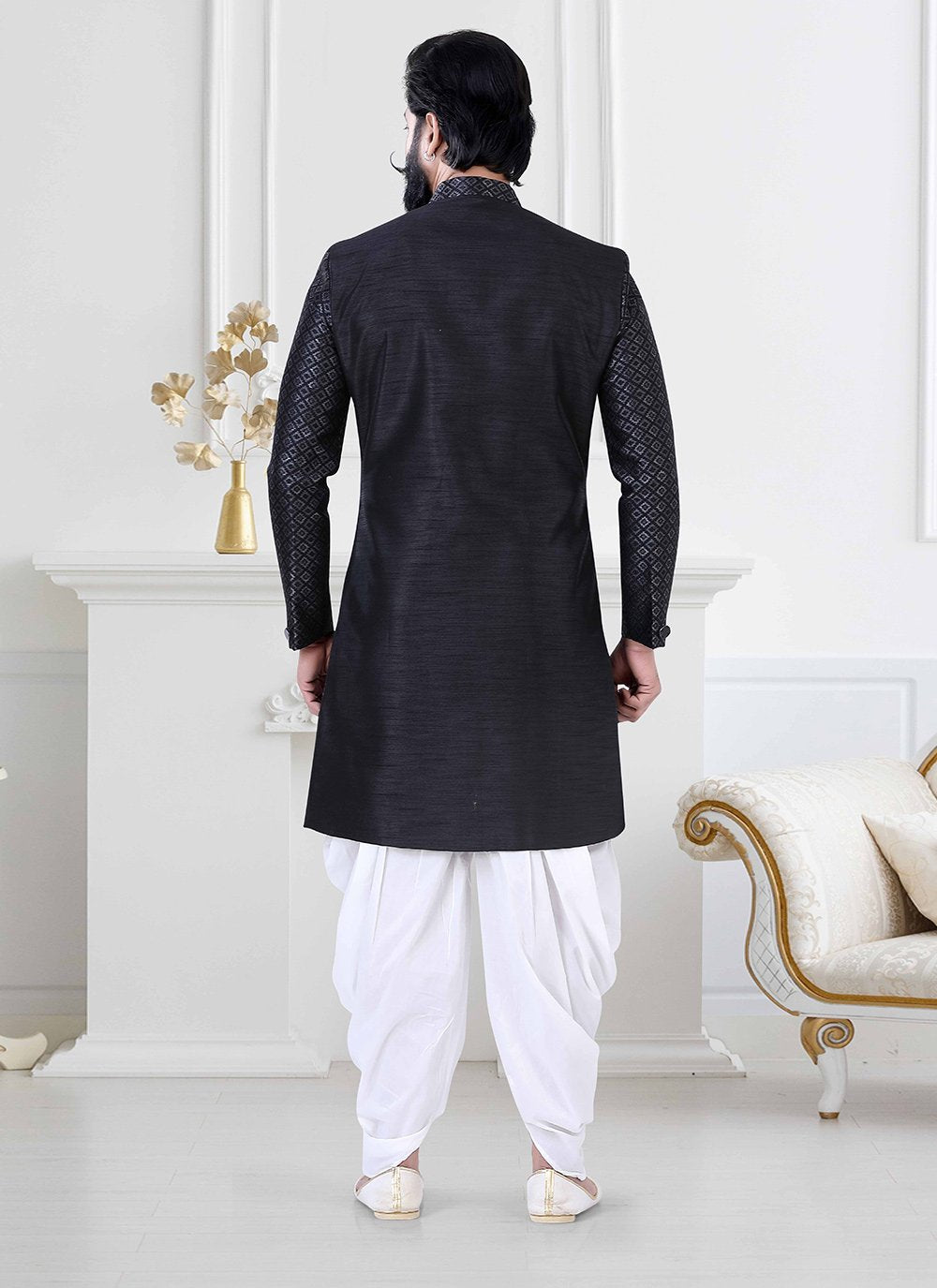 Indo Western Silk Black Thread Mens