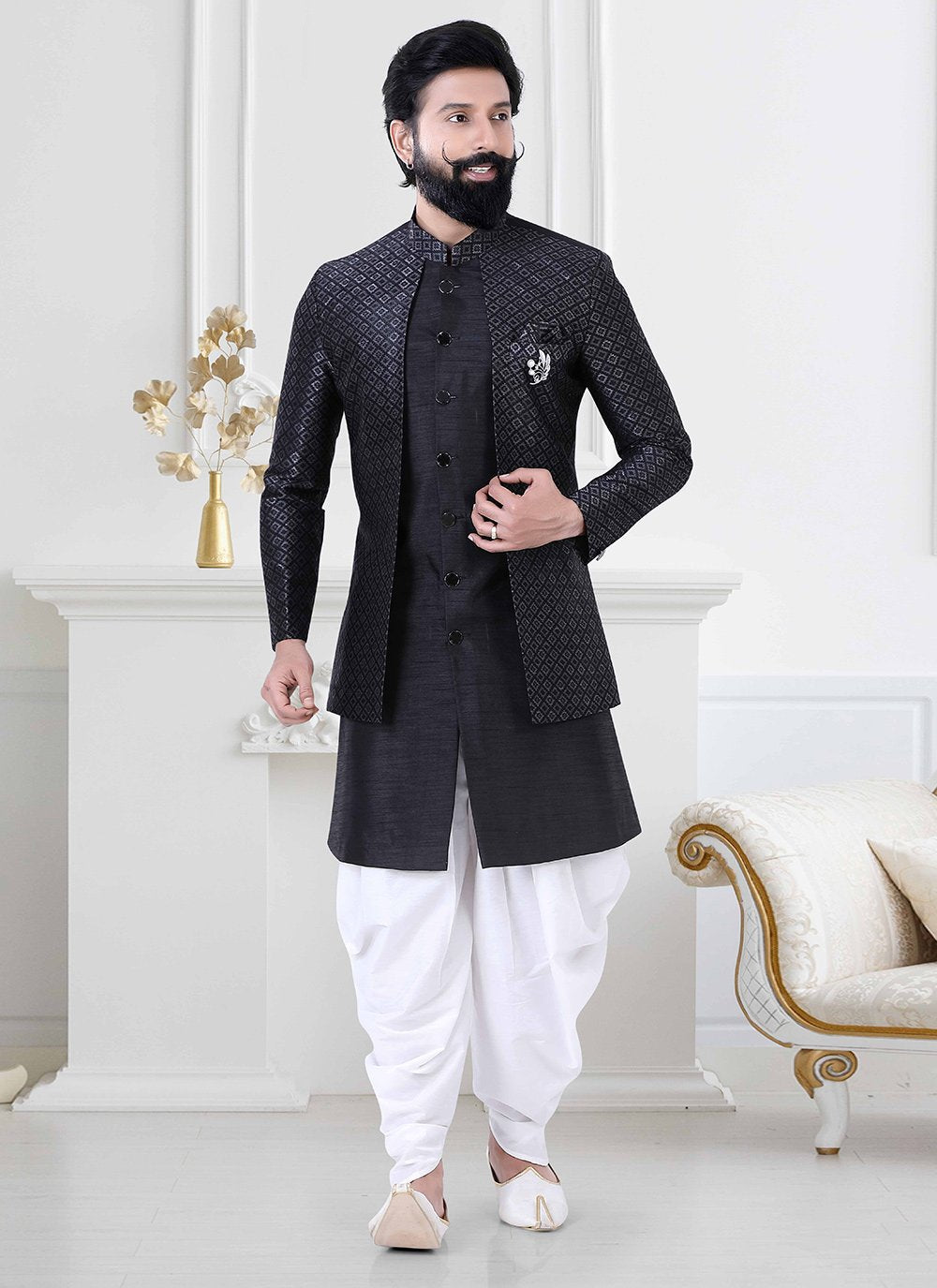 Indo Western Silk Black Thread Mens