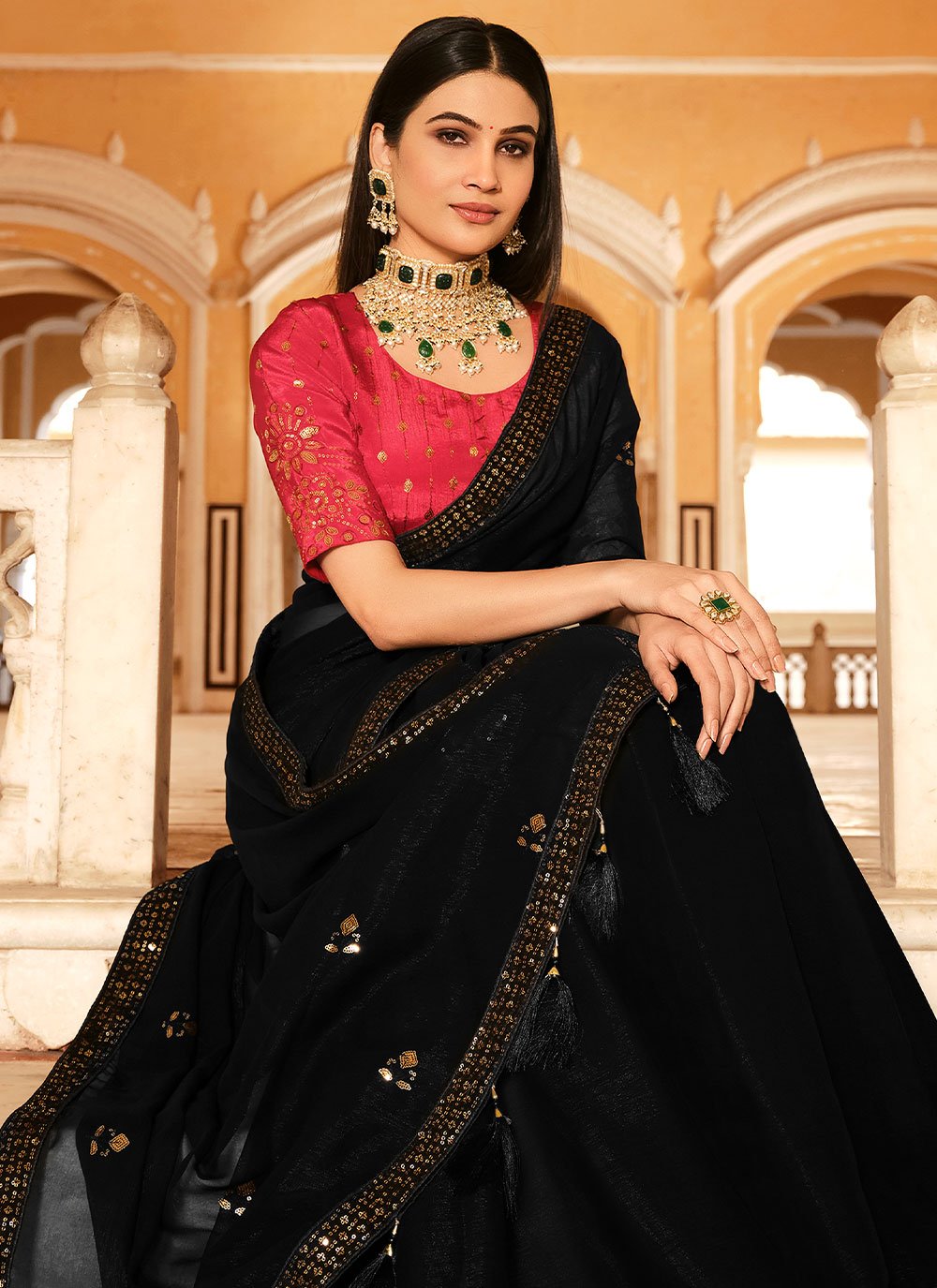 Trendy Saree Chinon Black Sequins Saree