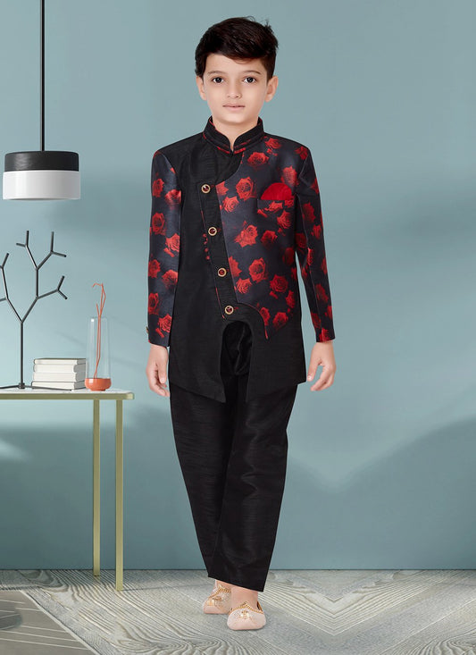 Indo Western Sherwani Jacquard Silk Black Thread Kids